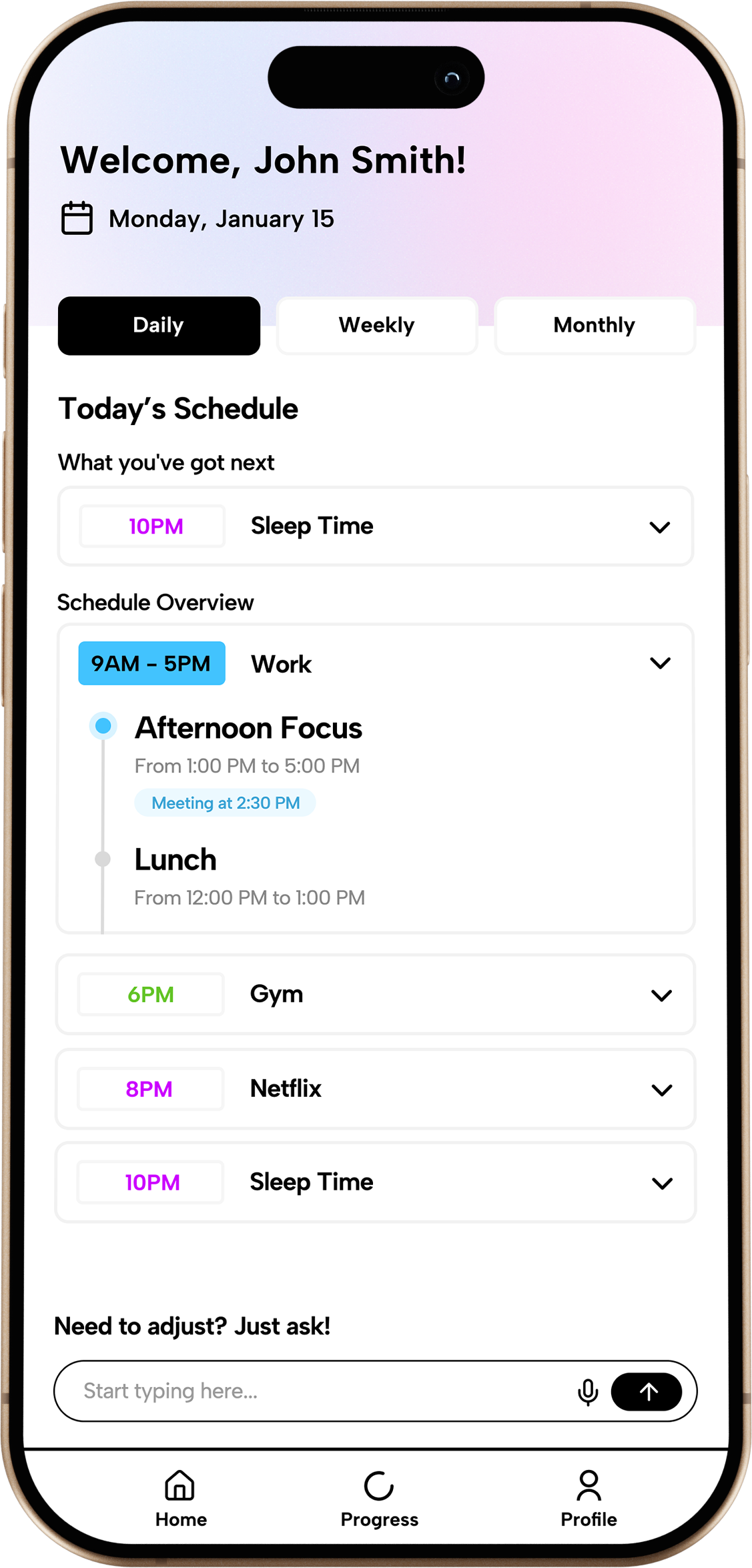 DayByDay app interface showing daily schedule and weekly check-in views